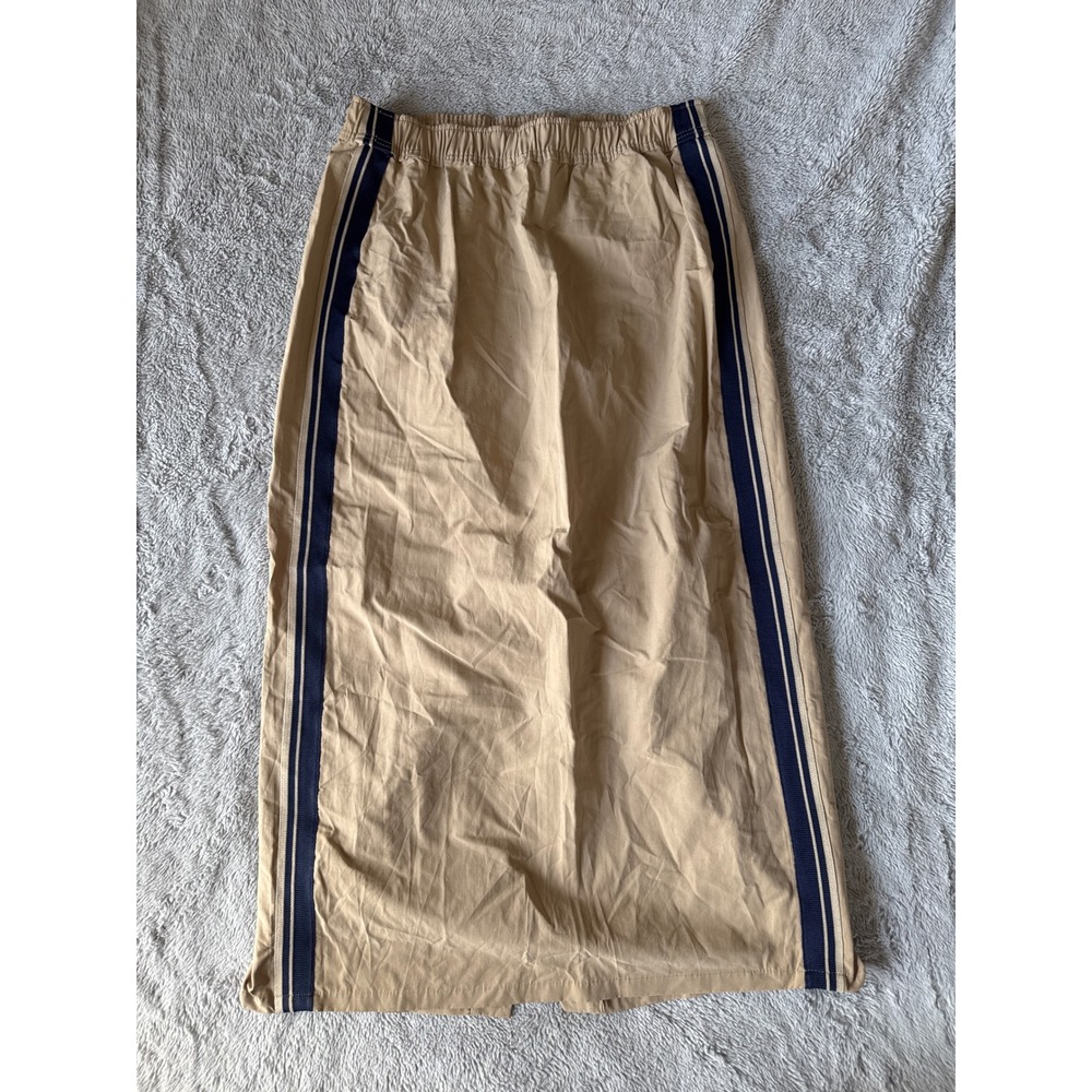 Zara Tan Midi Skirt Navy Side Stripe Elastic Waist Back Vent Medium
